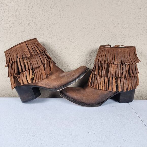 Freebird- Belle Brown Leather Fringe Ankle Boots Rear Zip Booties Bootie, Size 7 - Picture 4 of 12